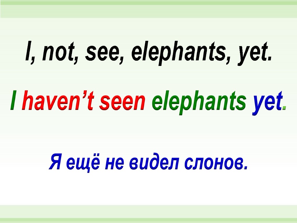 I haven’t seen elephants yet. I, not, see, elephants, yet. Я ещё не видел